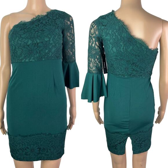 Lulus Dresses & Skirts - New Lulus Bodycon One Shoulder Lace Emerald Green Party Cocktail Mini Dress
